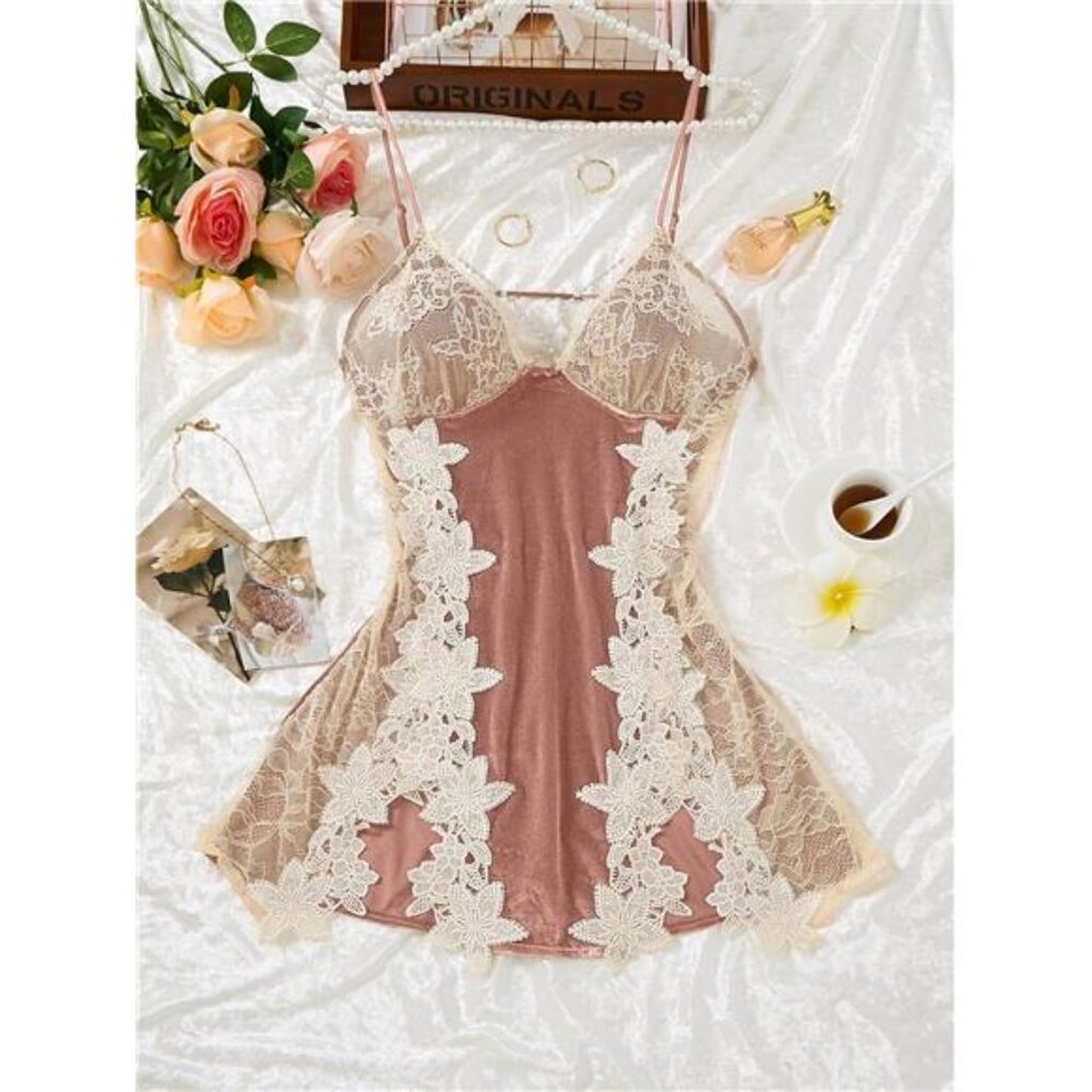 ROMANTIC Valentine's Day Lingerie Pale Pink Velvet & Lace Nightie Mini Nighty - Picture 4 of 8